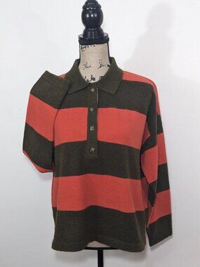 Maeve Anthropologie Rugby Polo Sweater Striped Orange Olive Green S